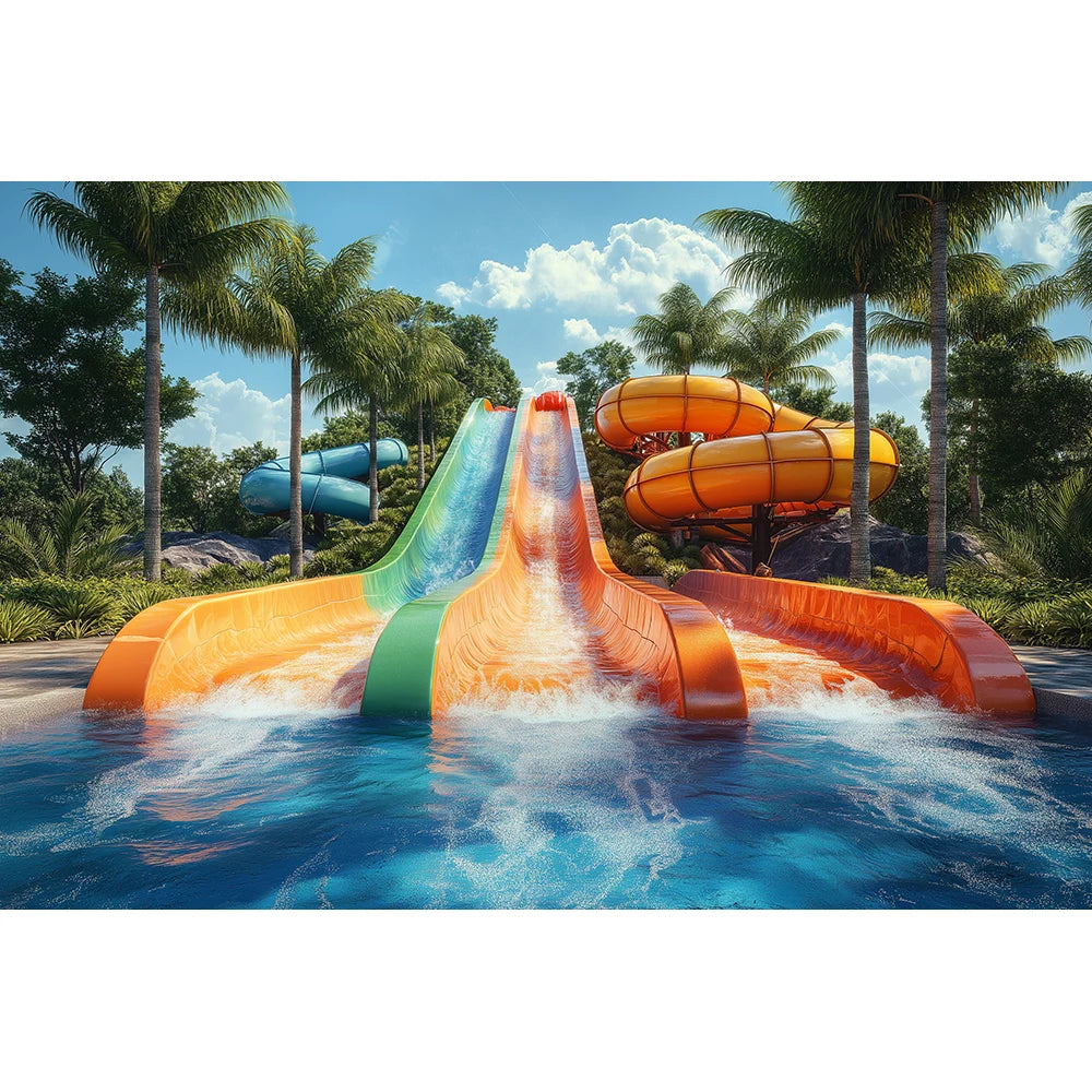 Beachside Water Slides Swimming Pool Backdrops Kids Baby Photography Birthday Cake Smash Props Water Park Scene Backgrounds
