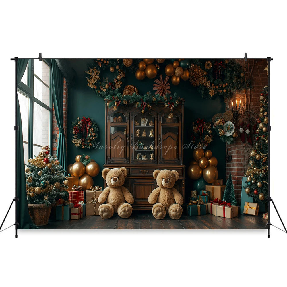 Christmas Theme Little Bear Backdrop Kids Baby Cake Smash Photography Props Fireplace Child Adult Photo Studio Backgrounds