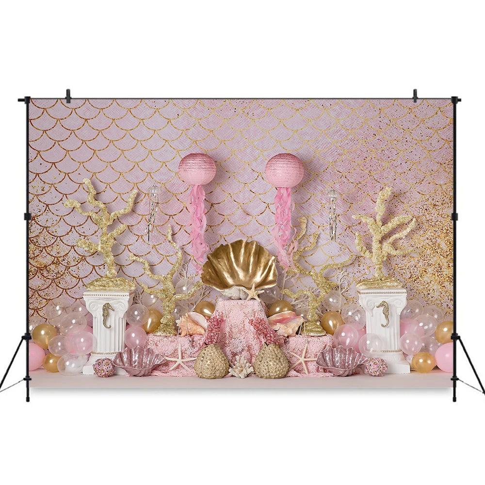 Pink and Gold Mermaid Photography Backdrop for Princess Girl's Birthday Cake Smash Photo Background Photo Studio Props