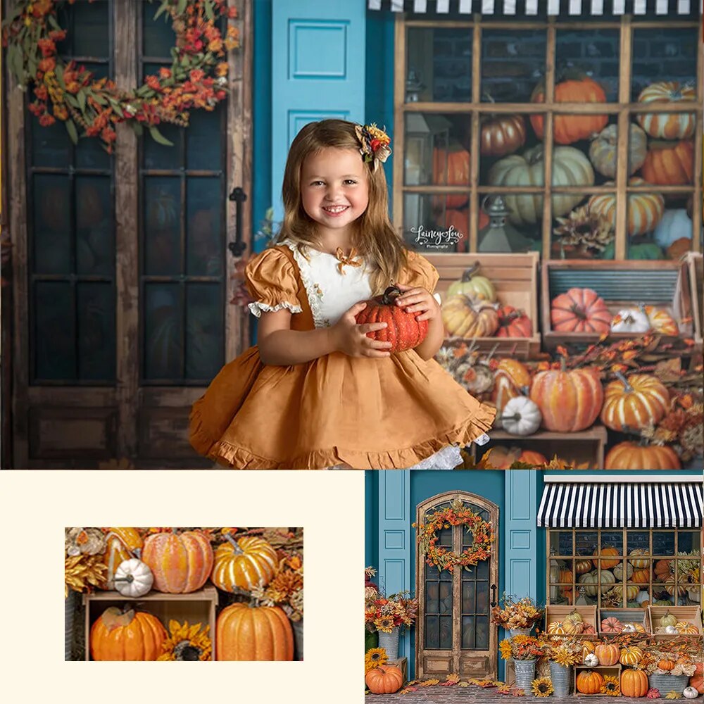 Fall Storefront Kids Girl Photography Child Baby Photocall Birthday Cake Smash Props Halloween Pumpkin Background