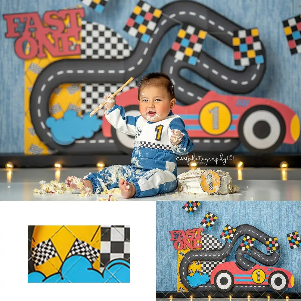 Little Racer Boys Birthday Backdrop Kids Baby Cake Smash Photography Props Child Adult Photo Shoot Backgrounds