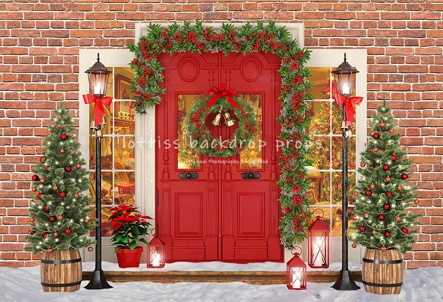 Christmas Brick Wall Red Door Background Family Baby Portrait Props Xmas Trees Snowy Floor Backdrop Adult Baby Photostudio