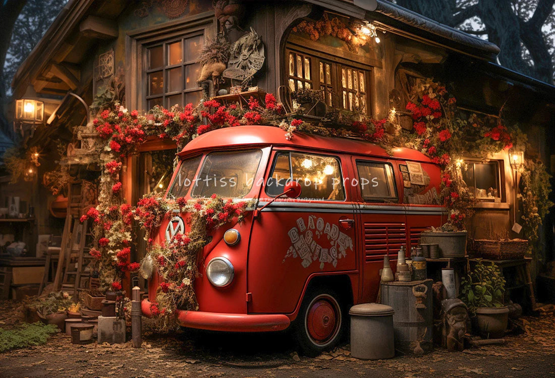 Valentine's Day Cute Bus Backdrops Kids Girl Photography Props Child Adult Photocall Decors Floral Rose Garage Backgrounds