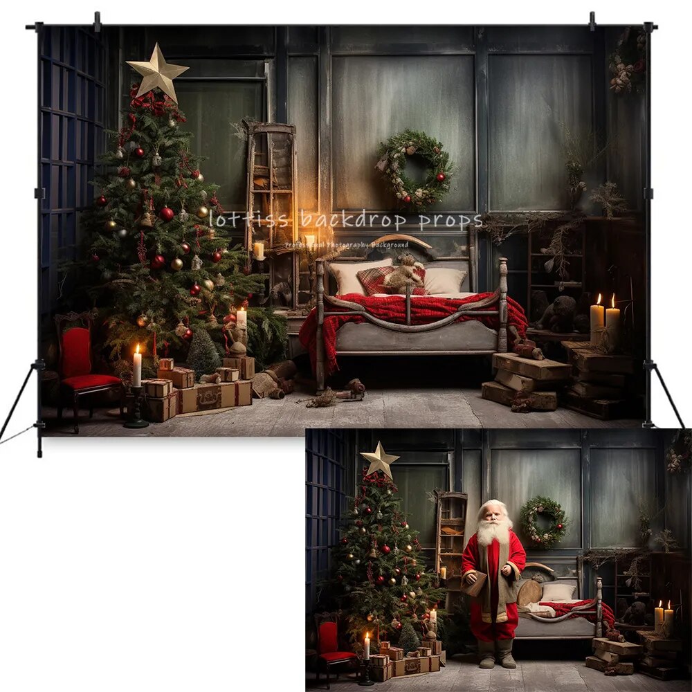 Arrière-plan de chambre à coucher de noël, photographie de bébé, enfant adulte, séance photo, arbres de noël, porte en bois, arrière-plan de salon 