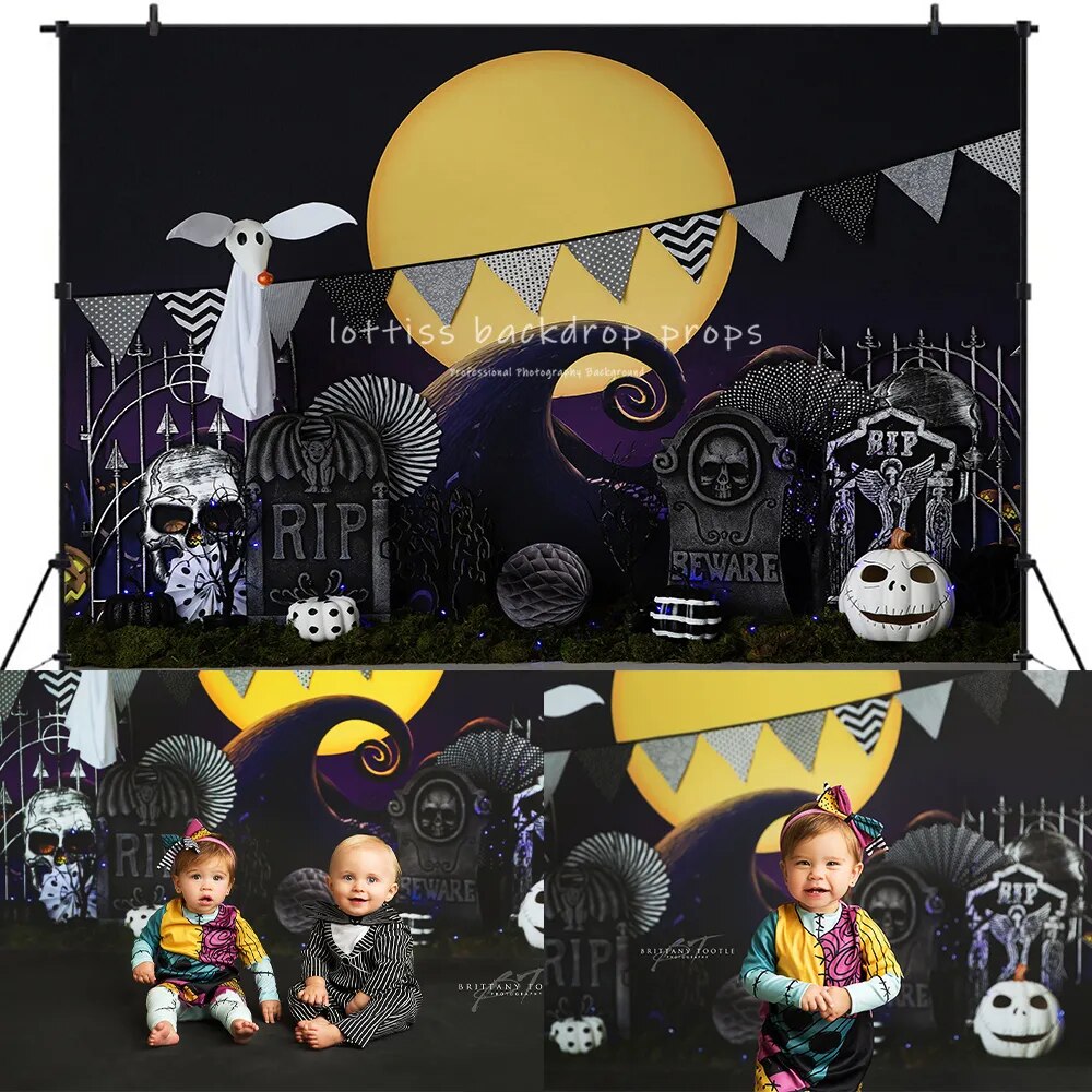 Arrière-plan fantôme de cimetière d'halloween, accessoires de photographie pour enfants et bébés, arrière-plan de soirée pour séance photo pour enfants et adultes, citrouille, grande lune 