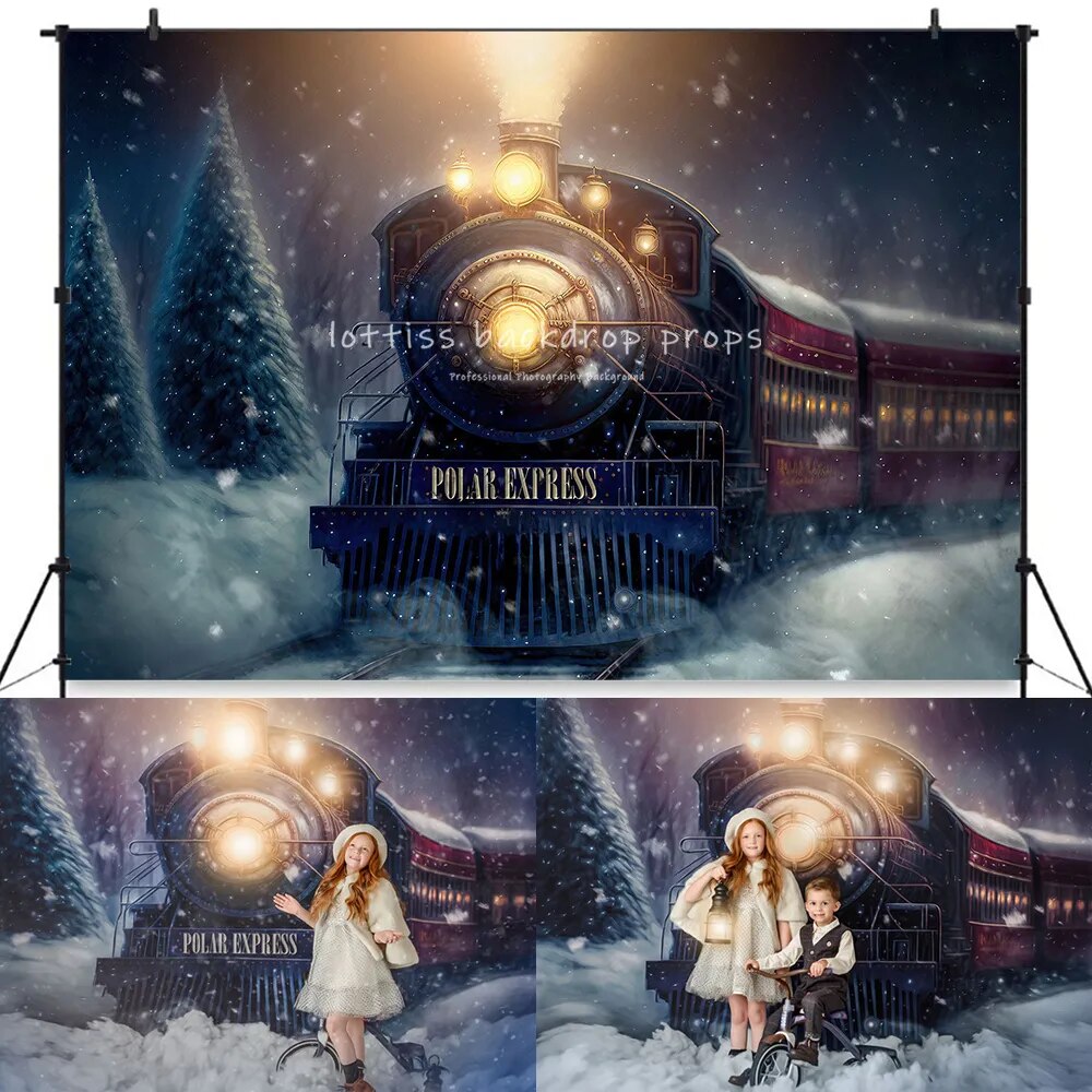 Xmas Polar Express Train Backdrops Kids Photography Baby Adult Portrait Photostudio Props Snowy Holiday Train Background