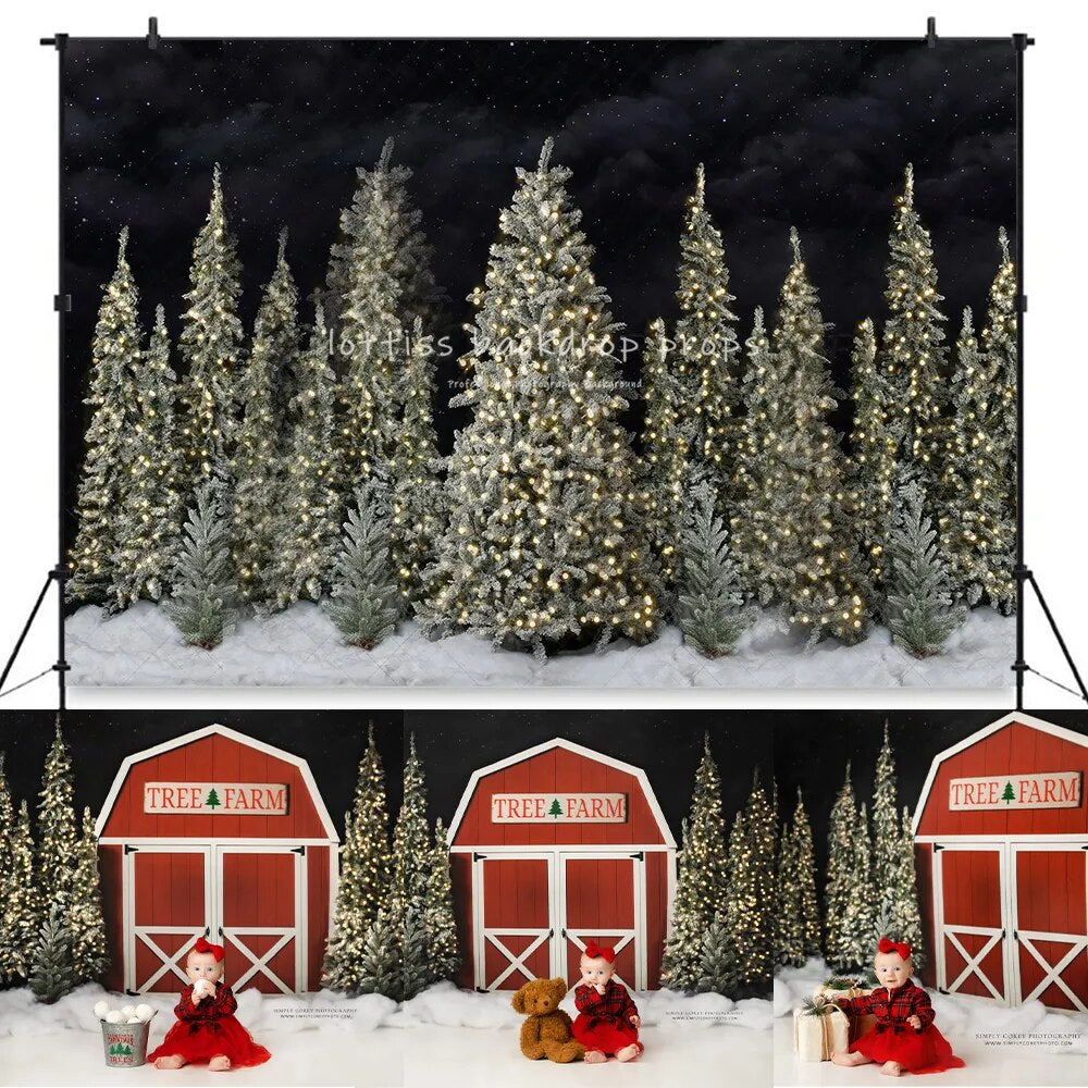 Tree Farm Barn Backdrops Kids Winter Portrait Photography Adult Child Cake Smash Snowy Forest Trees Background