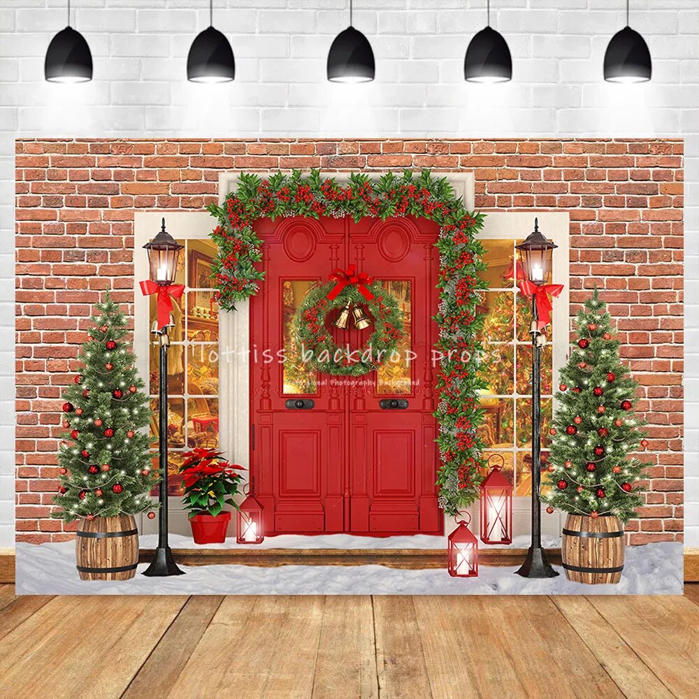 Christmas Brick Wall Red Door Background Family Baby Portrait Props Xmas Trees Snowy Floor Backdrop Adult Baby Photostudio