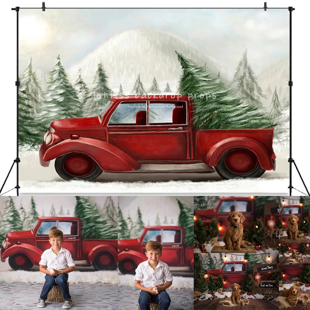 Winter Snowy Little Red Truck Backdrops Adult Kids Portrait Child Photography Snowflake Forest Background For Photostudio Props