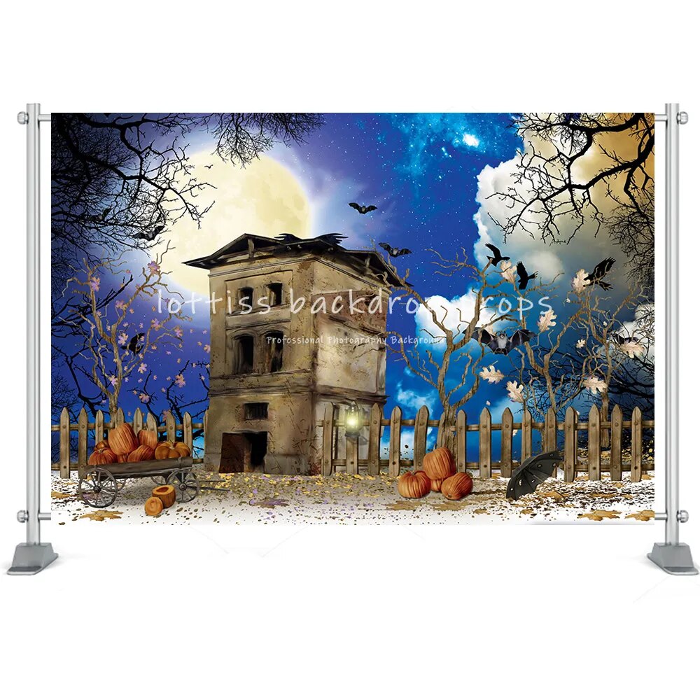 Halloween grande citrouille lanterne fond horreur lune nuit cimetière photographie enfants anniversaire Portrait atoile de fond Photo Studio