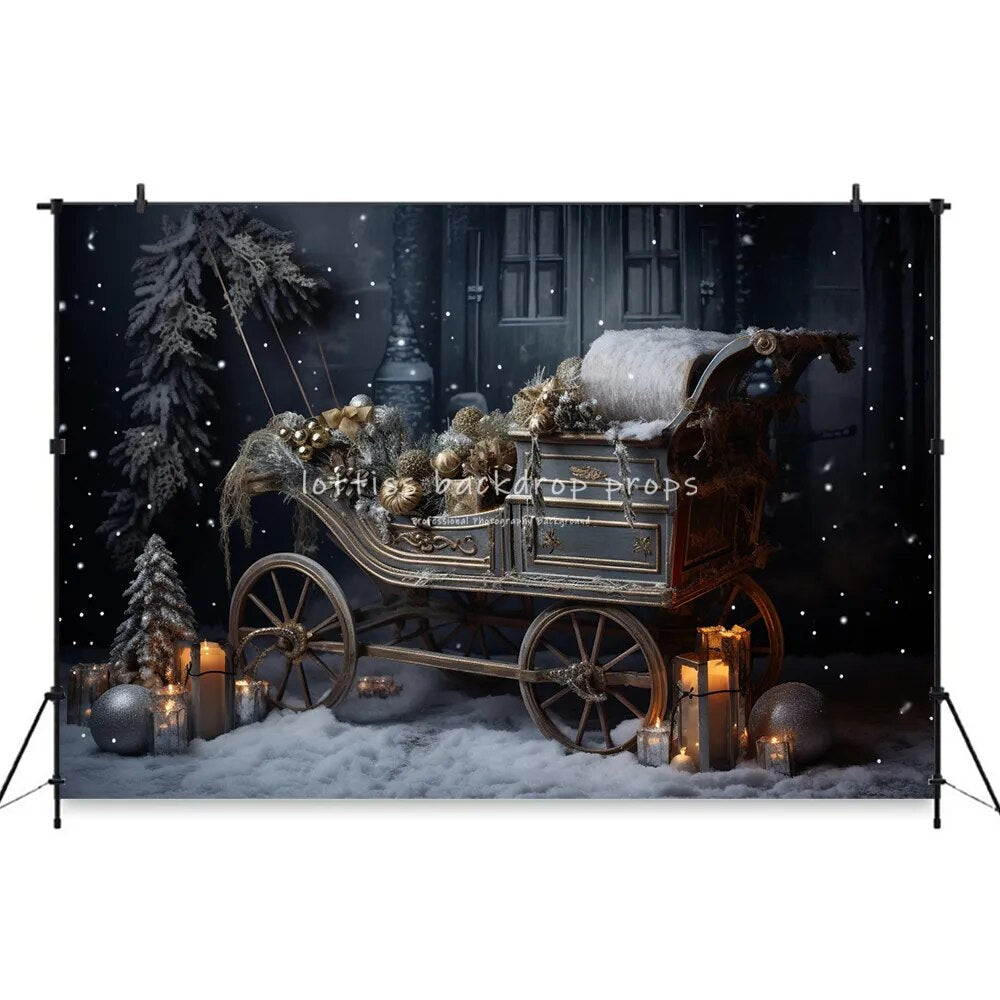 Arrière-plan de forêt enneigée de noël, accessoires de photographie pour enfants et bébés, pour séance photo, flocon de neige, arrière-plan de chariot de noël 