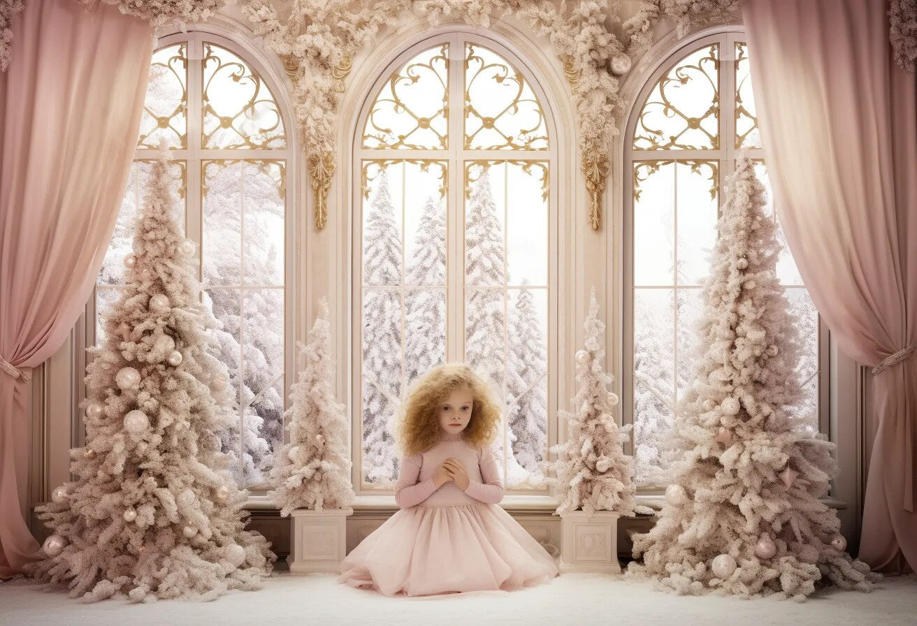 Christmas Living Room Window Backdrops Kids Adult Photorgraphy Props Child Baby Xams Trees White Castle Background