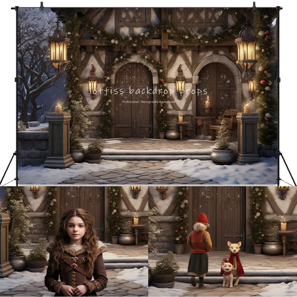 Arrière-plan rustique enneigé d'hiver, décors de séance photo pour bébés et enfants, accessoires de photographie pour enfants et adultes, arrière-plan de flocon de neige devant la maison 