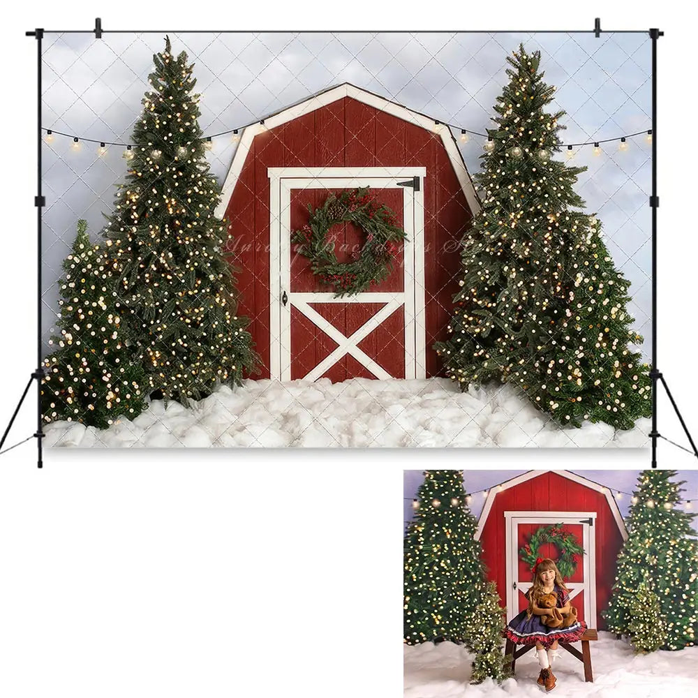 Christmas Snowy Tree Farm Photography Backdrop Red Barn in the Forest Kids Baby Cake Smash Photocall Decors Family Party Props