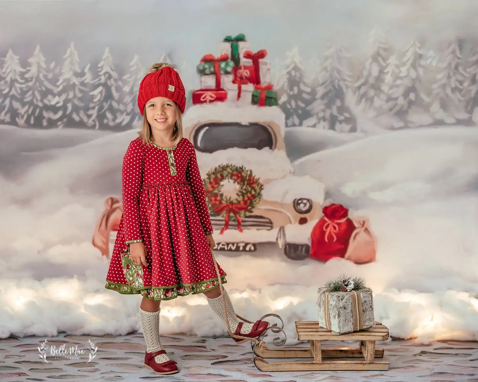 Santas Sleigh Backdrops Xmas Kids Photography Props Child Family Photocall Christmas Snowy Forest Car Background