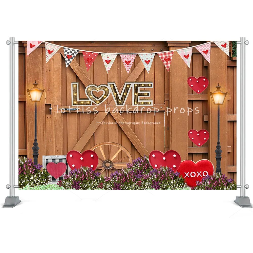 Valentine's Day Backdrop Brick Wall Wood Door Red Rose Heart Flower Shop Brick Wall Photo Background Studio Photoshoot Props