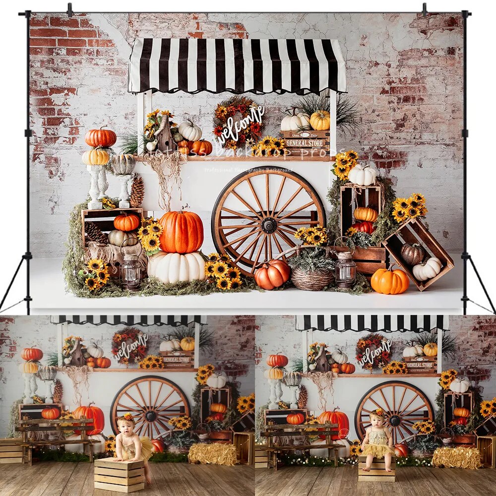 Pumpkin Cart Backdrops Child Photography Props Adult Child Baby Birthday Cake Smash Photocall Props Autumn  Background