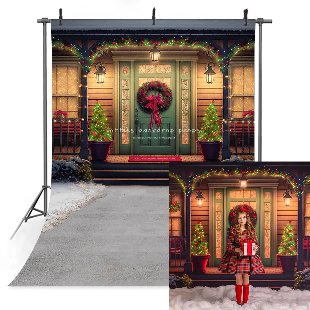 Christmas House Photography Backdrops Children Family Photocall Baby Girl Xmas Wooden Door Festival Background