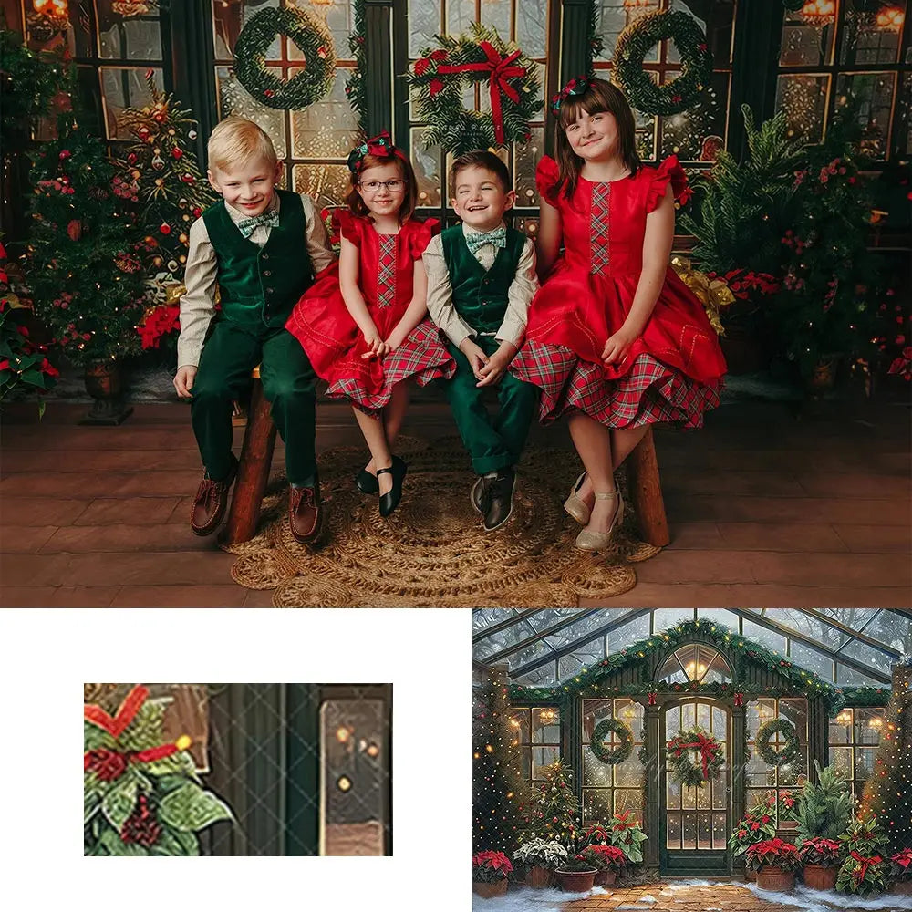 Christmas Greenhouse Backdrop Winter Cozy Courtyard Door With Lights Baby Kids Portrait Family Party Photocall Photograhy Decors