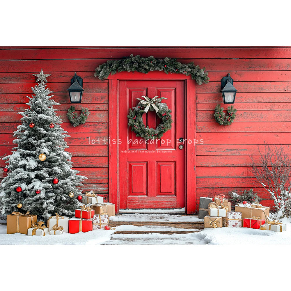 Winter Christmas Cottage Backdrops Kids Adult Photography Country House Entrance Red Door Gift Box Xmas Trees Backgrounds