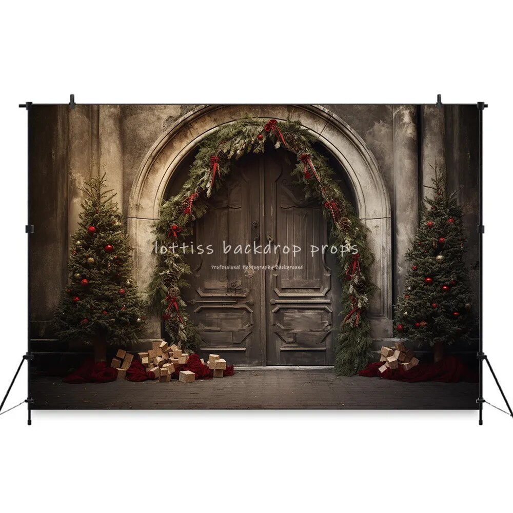 Winter Churchs Medieval Door Backdrops Kids Adult Xmas Photography Props Child Adult Photocall Snowy House Front Background