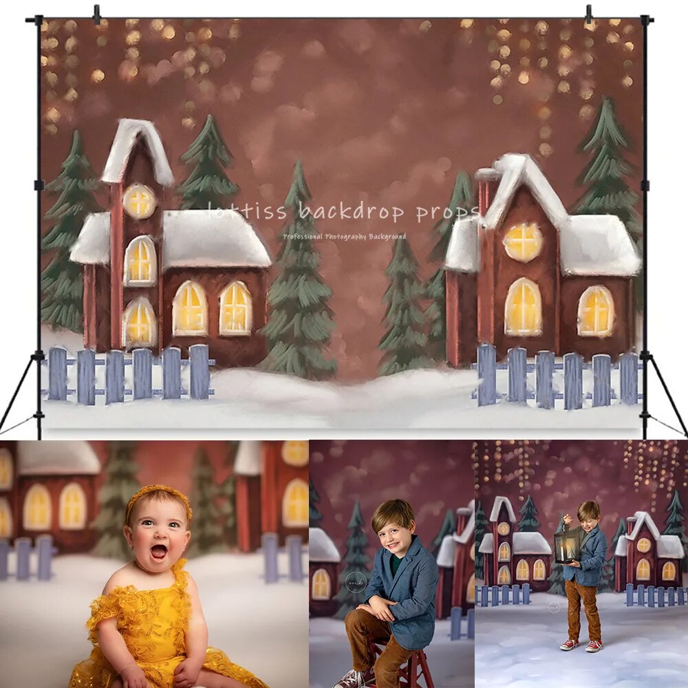 Winter Snowy Village House Backdrops Kids Adult Photography Porps Child Baby Portrait Photocall Props Xmas Snow Backgrounds