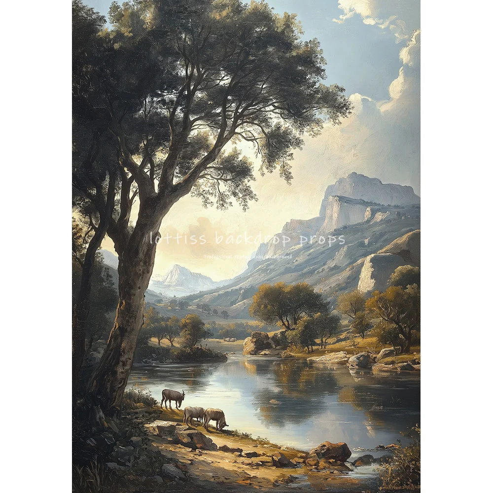 Countryside River Cottage Vintage Scenery Oil Painting Photography Backdrops Kids Adult Photocall Sunset Village Backgrounds