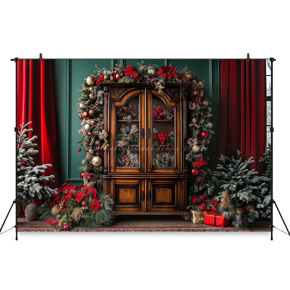 Large Cabinet With Christmas Decorations Photo Backdrop Kids Baby Cake Smash Photography Props Family Party Photocall Background