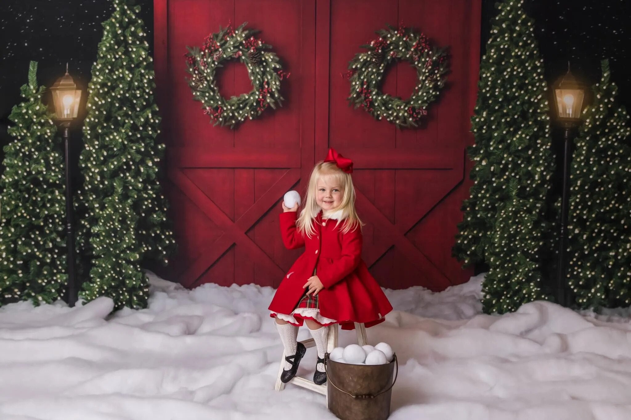 Winter Red Barn Doors Kids Photography Adult Baby Xmas Photocall Snowy Trees Christmas Snowflake Forest Background