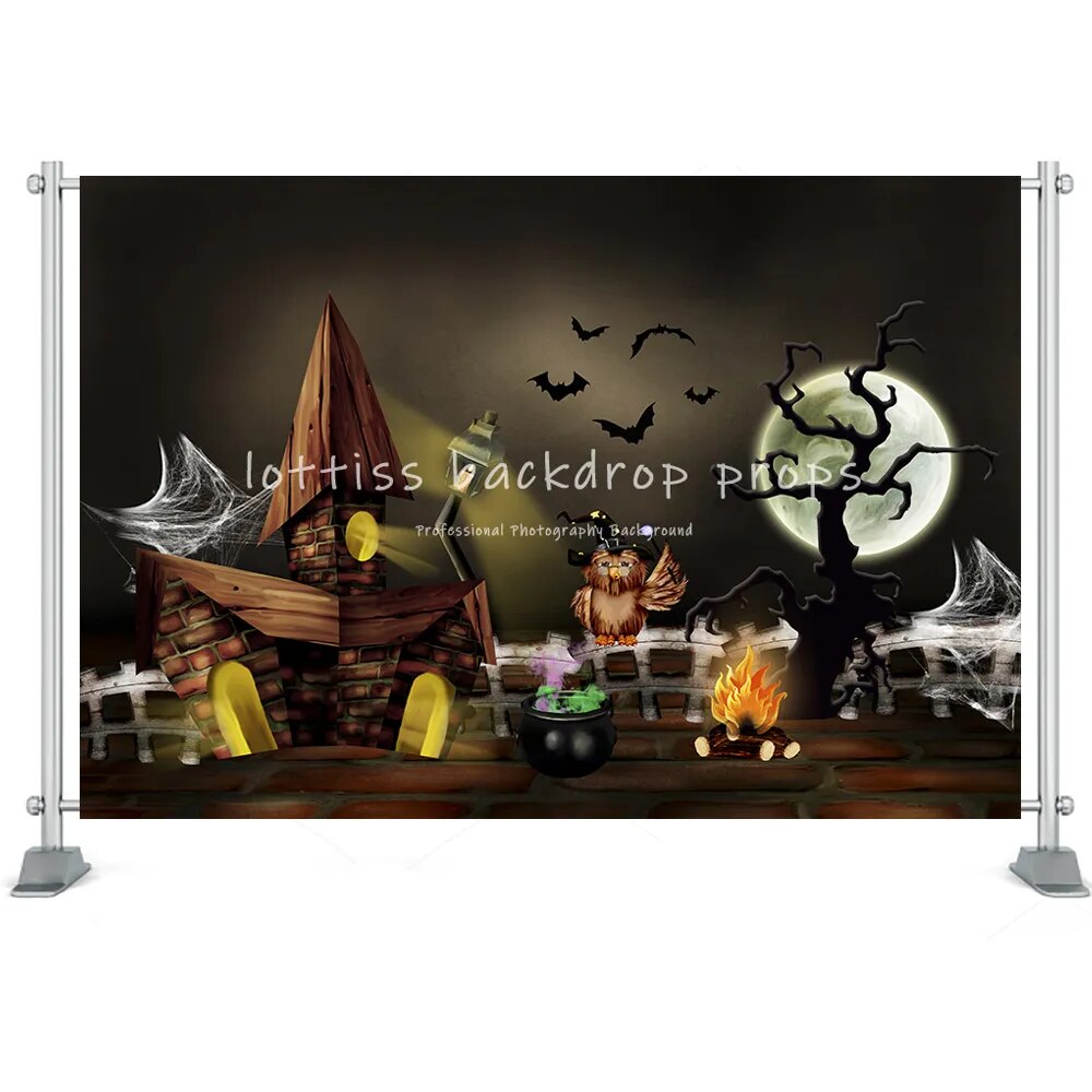 Halloween grande citrouille lanterne fond horreur lune nuit cimetière photographie enfants anniversaire Portrait atoile de fond Photo Studio