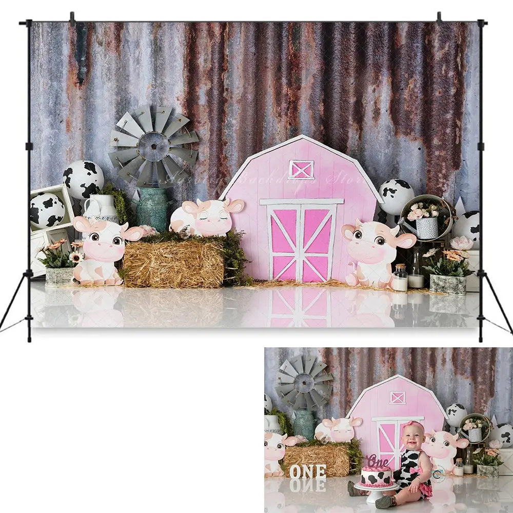 Cow Farm Crazy Photography Backdrop Pink Barn Kids Baby Cake Smash Photography Props Child Girls Adult Birthday Backgrounds