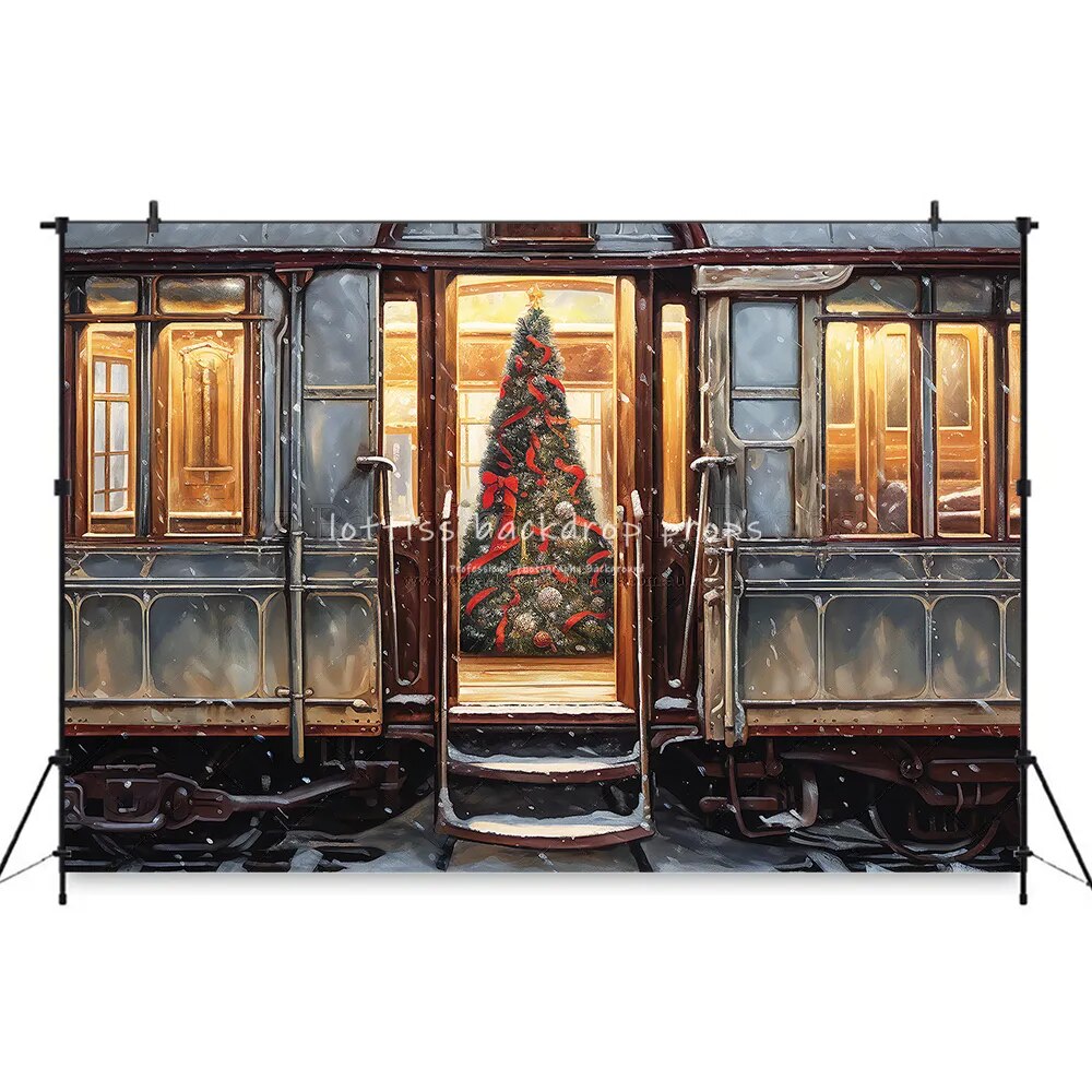 Arrière-plan de photographie de rue de noël, Portrait d'adulte, famille et enfant, séance photo, Train Polar Express, arrière-plan d'arbres de noël 