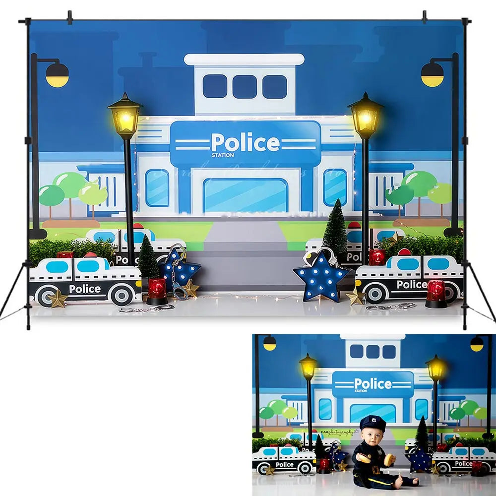 Protect Serve Photo Backdrop Police Station Kids Baby Cake Smash Photography Props Child Adult Birthday Studio Backgrounds