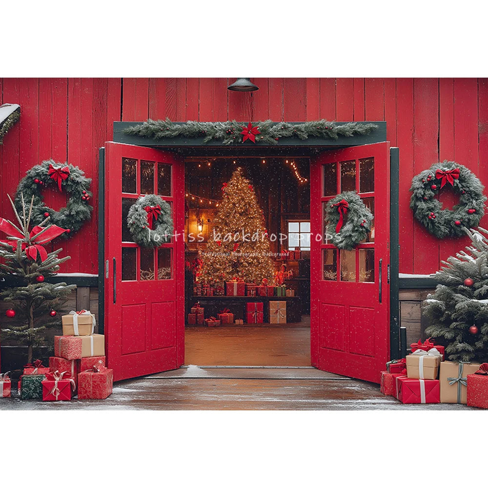 Red Wooden Barn Door Backdrops Kids Family Photography Child Baby Photocall Farm Xmas Trees Snowflake Wreath Cottage Backgrounds