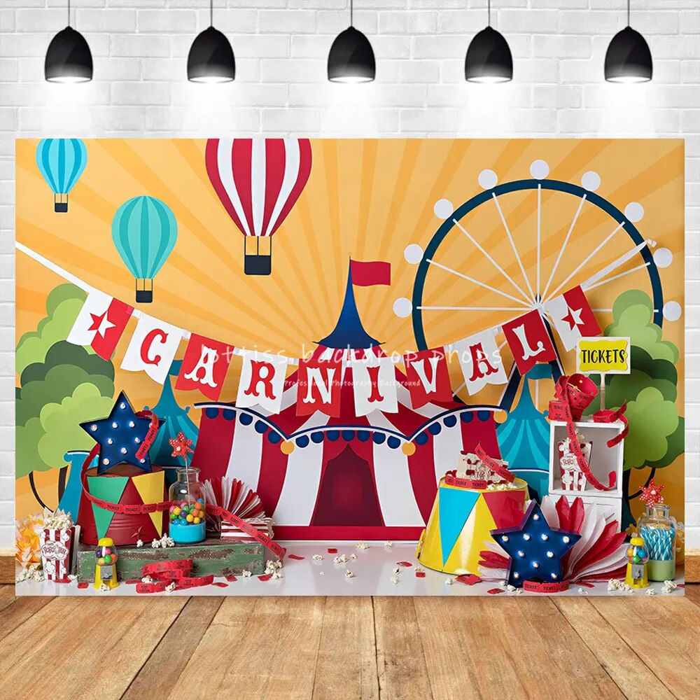 Carnaval cirque photographie décors enfant Camsh enfant anniversaire accessoires bébé Portrait Clown grande roue ballon à Air chaud fond 