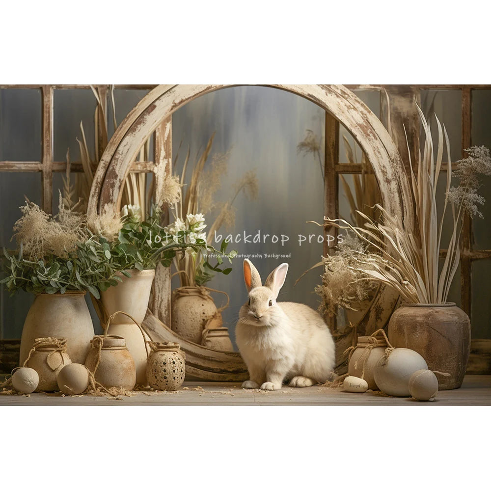 Easter Bunny On Windows With Large Flowers Backdrops Kids Baby Photocall Child Adult Photocall Spring Floral Eggs Backgrounds