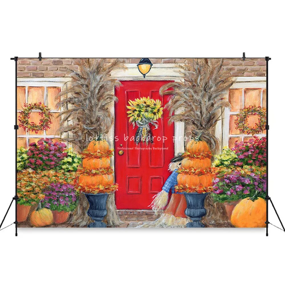 Autumn House Door Front Backdrops Kids Adult Photography Child Baby Birthday Cake Smash Photocall Pumpkin Lantern Background