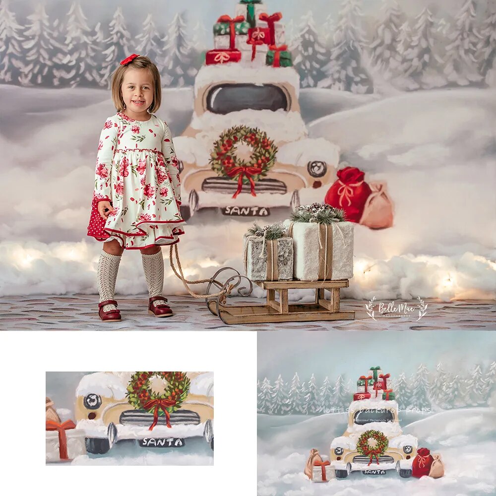 Santas Sleigh Backdrops Xmas Kids Photography Props Child Family Photocall Christmas Snowy Forest Car Background