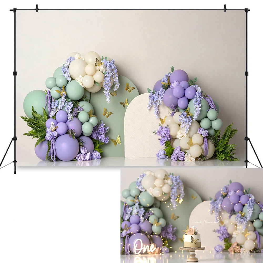 Spring Green  Purple Floral Butterfly Garden Backdrops Kids Baby Photocall Child Photography Cake Smash Balloons Backgrouds