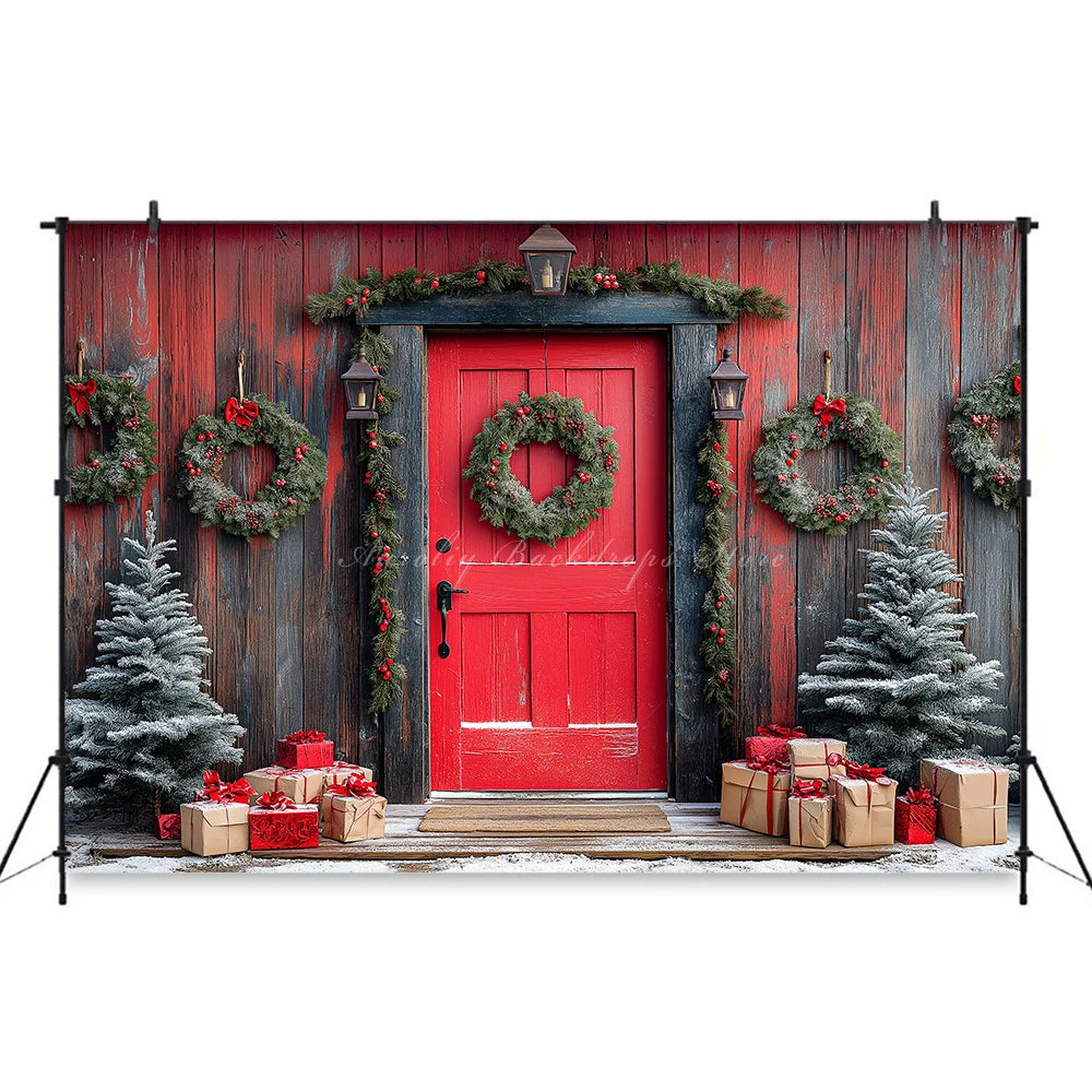 Christmas Red Door With Wreaths And Garlands Photography Backdrop Baby Kids Portrait Family Party Photocall Studio Backgrounds