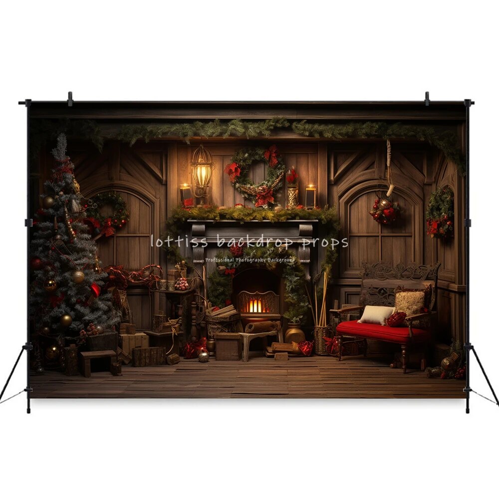 Christmas Fireplace Backdrops Kids Adult Photography Props Child Baby Photocall Decors Xmas Trees Gifts Box Festival Background