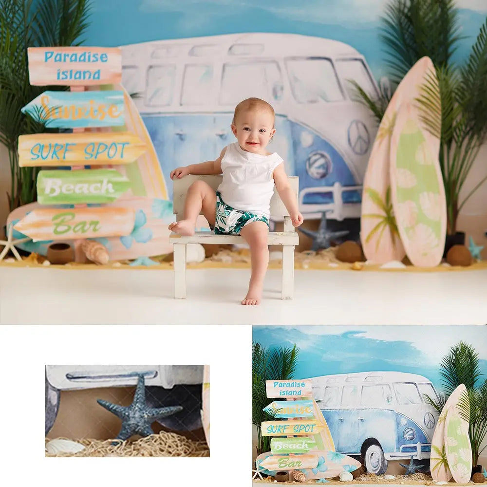 Summer Beach Surf Spot Backdrop Kids Baby 1st Birthday Photocall Decors Plam Trees and Bus Child Adult Photo Studio Backgrounds