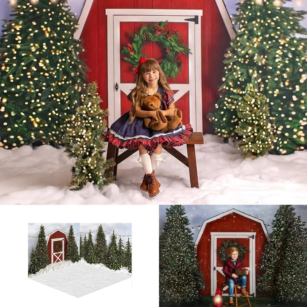 Christmas Snowy Tree Farm Photography Backdrop Red Barn in the Forest Kids Baby Cake Smash Photocall Decors Family Party Props