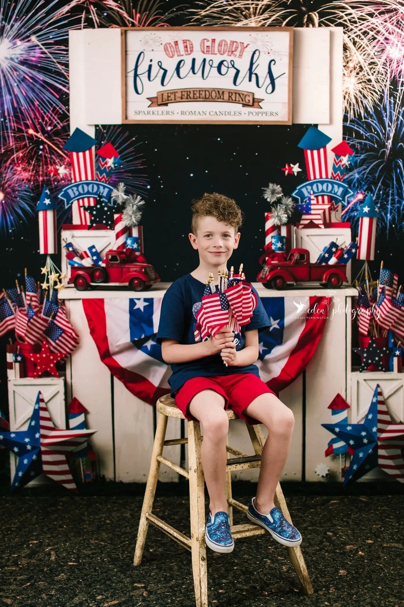 Old Glory Fireworks Stand Backdrops Kids Baby Photography Birthday Props Cake Smash Banner Child Photostudio Background