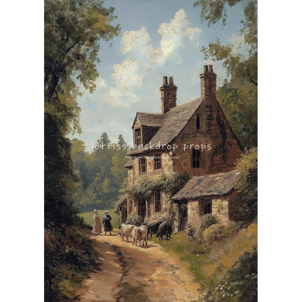Village Cows Farm River Scenery Oil Painting Photography Backdrops Wedding Kids Adult Photocall Sunset Countryside Backgrounds