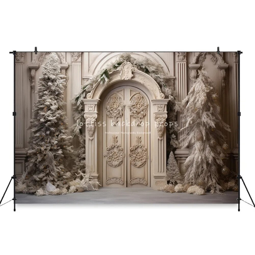 Arrière-plan de porte en bois de noël, porte rétro, accessoires de photographie pour enfants et adultes, décors de séance photo, arbres de noël, arrière-plan de château 