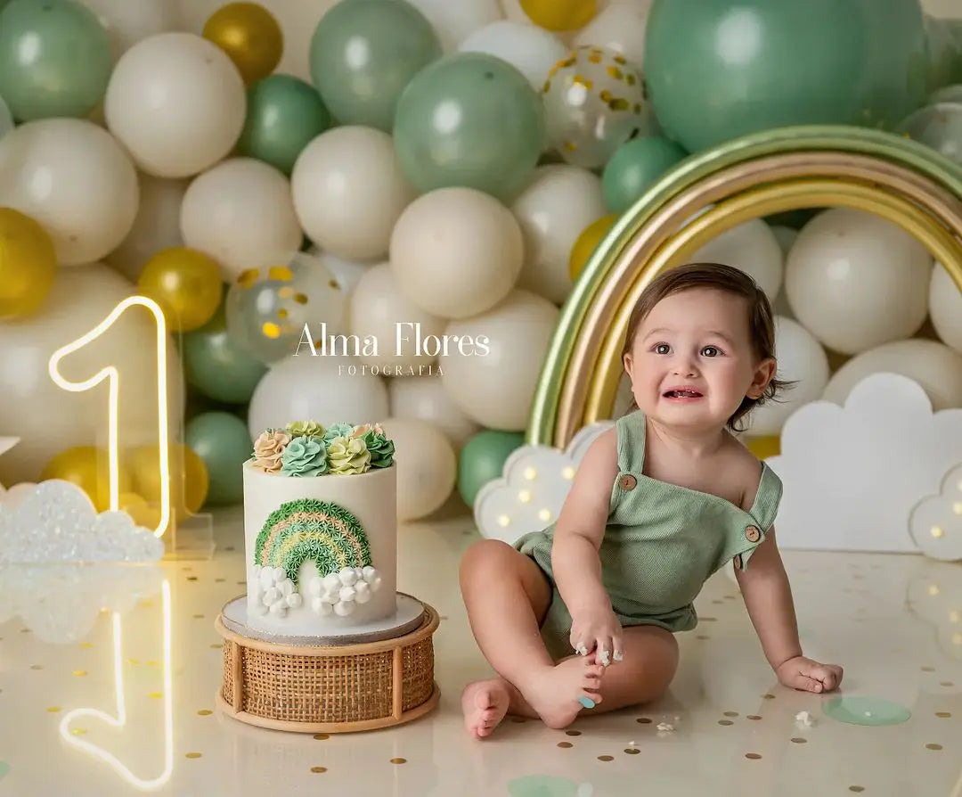 Green Rainbows And Clouds Backdrop Kids Baby Cake Smash Photography Props Child Girls 1st Birthday Studio Backgrounds