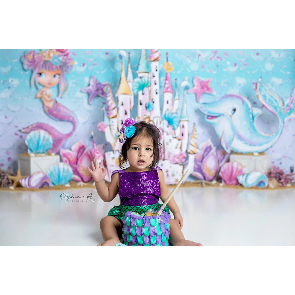 Mermaid Princess Of The Sea Photo Background Shining Castle Girl Birthday Cake Smash Photography Backdrop Photo Studio Props