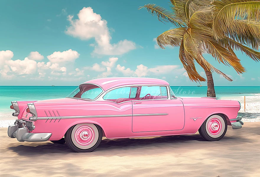 Classic Pink Car Sits on the Beach Photography Backdrop Kids Baby Cake Smash Photocall Decors Summer Plam Tree Studio Background