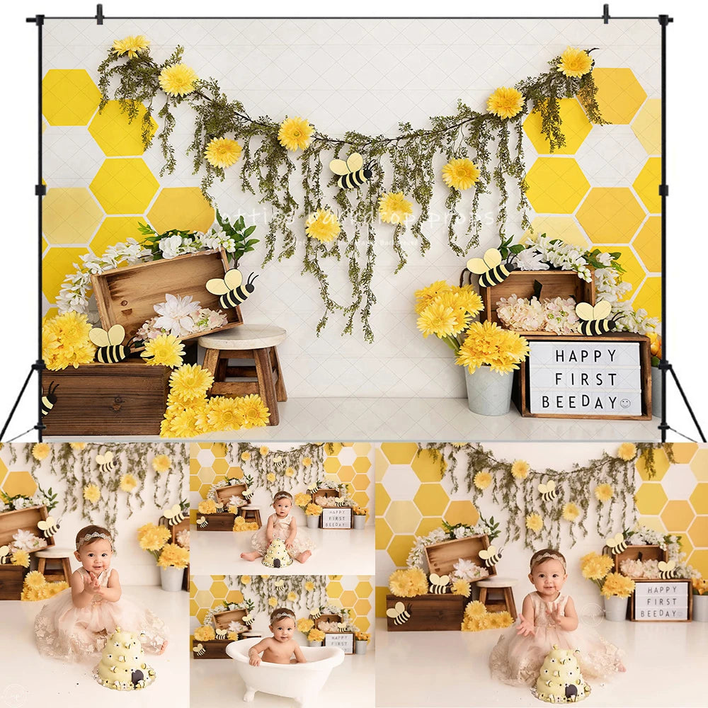 Spring Happy Bee Day Photography Backdrops Kids Baby Cake Smash Photocall Child Adult Photocall Props Floral Garden Backgrounds